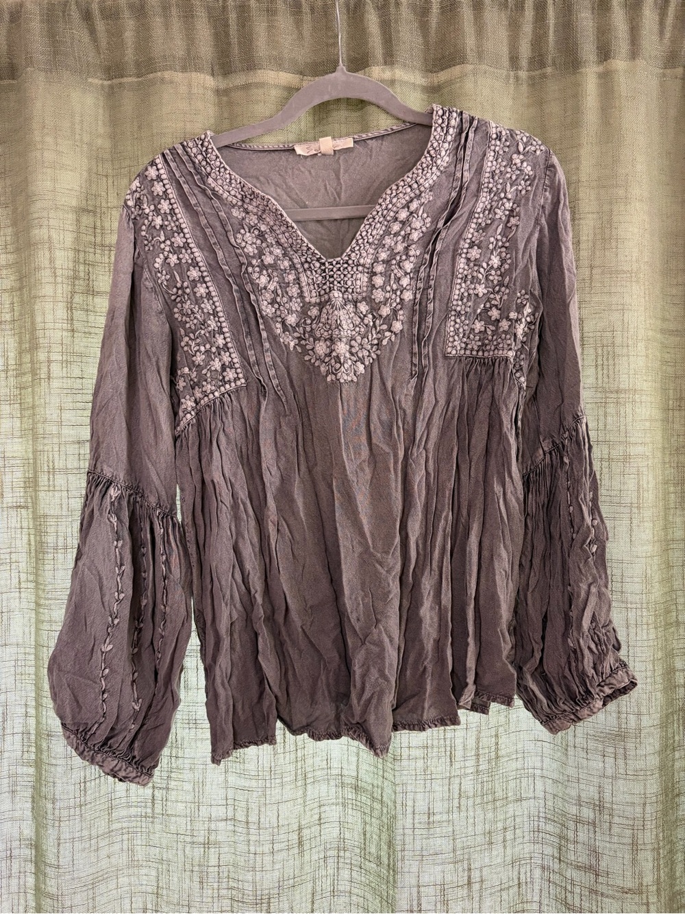 Solitaire Grey Embroidered V-Neck Peasant Blouse
